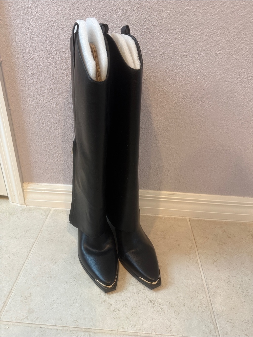 Jessica Simpson Black Pointed Toe Knee-High Heeled Boots with Metallic Trim